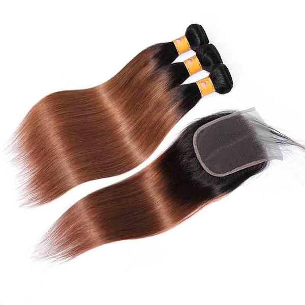 MarchQueen Brazilian Ombre Human Hair Black To Brown Weave 3 Bundles Of T1b/30 Straight Hair With Closure