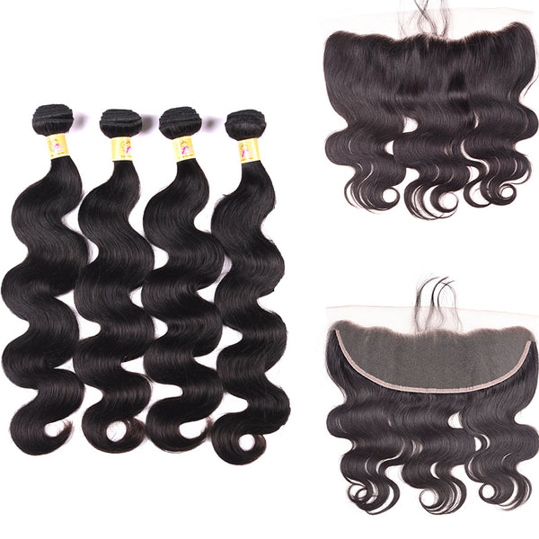 MarchQueen Peruvian Virgin Hair Body Wave Hair 4 Bundles With Lace Frontal Closure