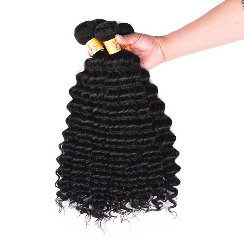 MarchQueen Brazilian Deep Wave Hair 13x4 Lace Frontal Closure With 3 Bundles 1b#