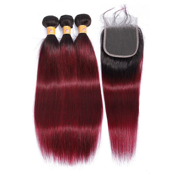MarchQueen Ombre Red Brazilian Weave Hair 3 Bundles With Closure 1B/99J Straight Remy Human Hair Weave