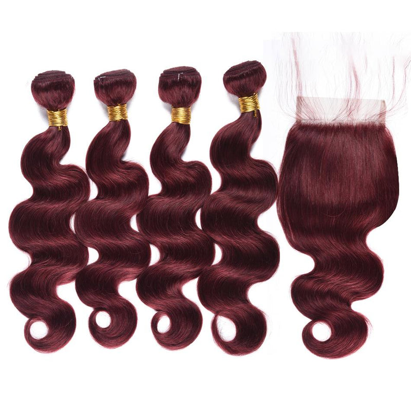 MarchQueen 99j Red Wine Colored Weave Human Hair Body Wave 4 Bundles With Closure