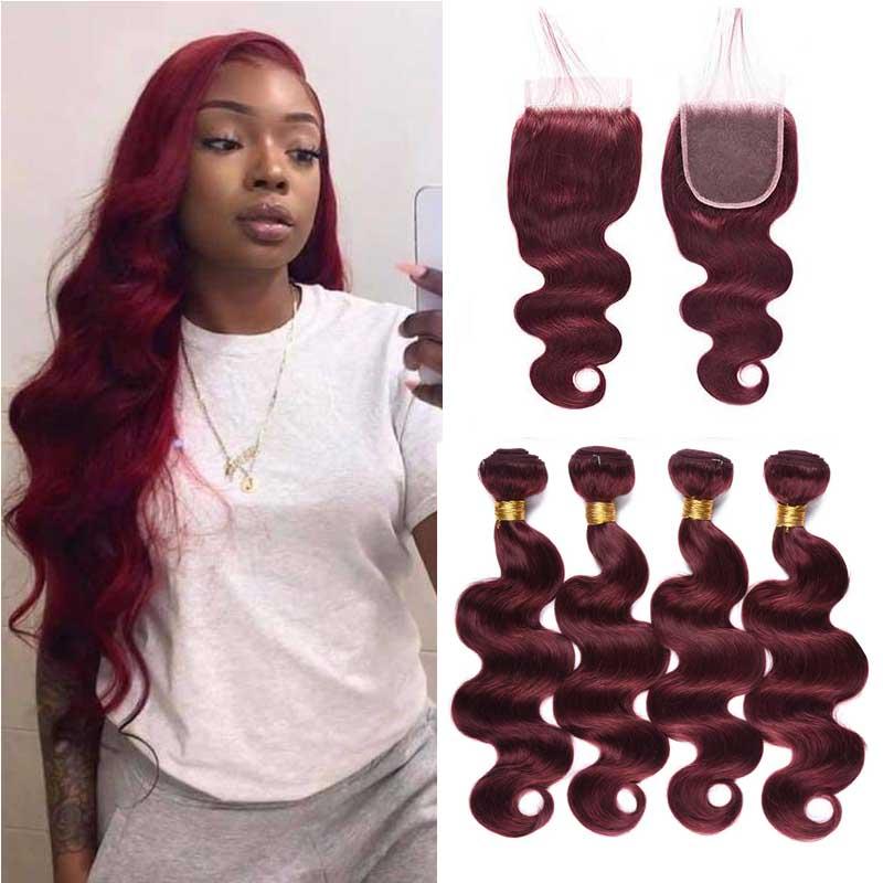 Pre-Colored Hair Weave Wine Red Human Hair Bundles With Lace Closure  -Alipearl Hair