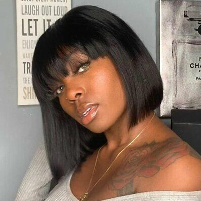 MarchQueen Short Bob Human Hair Lace Front Wigs with Bangs Pixie Cut Wig for Black Women Virgin Remy Hair