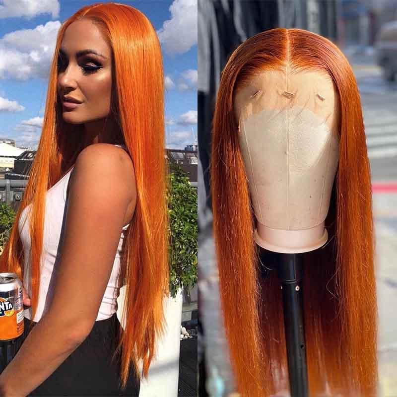 MarchQueen 350 Orange Colored Real Human Hair Wigs 150% Density Remy Hair Lace Front Wig