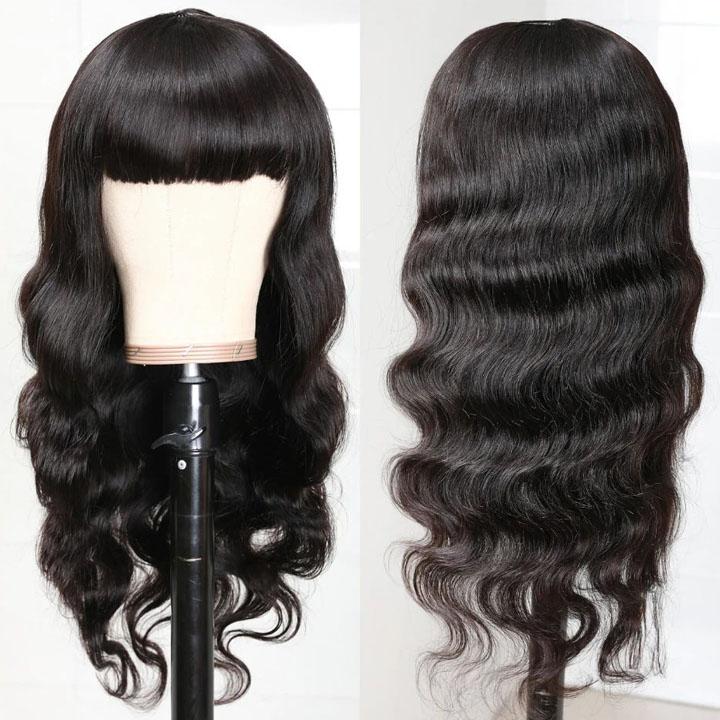 Glue Free Body Wave Human Hair Wig With Free Part Bangs Machine Made Glueless Breathable Wig Super Affordable