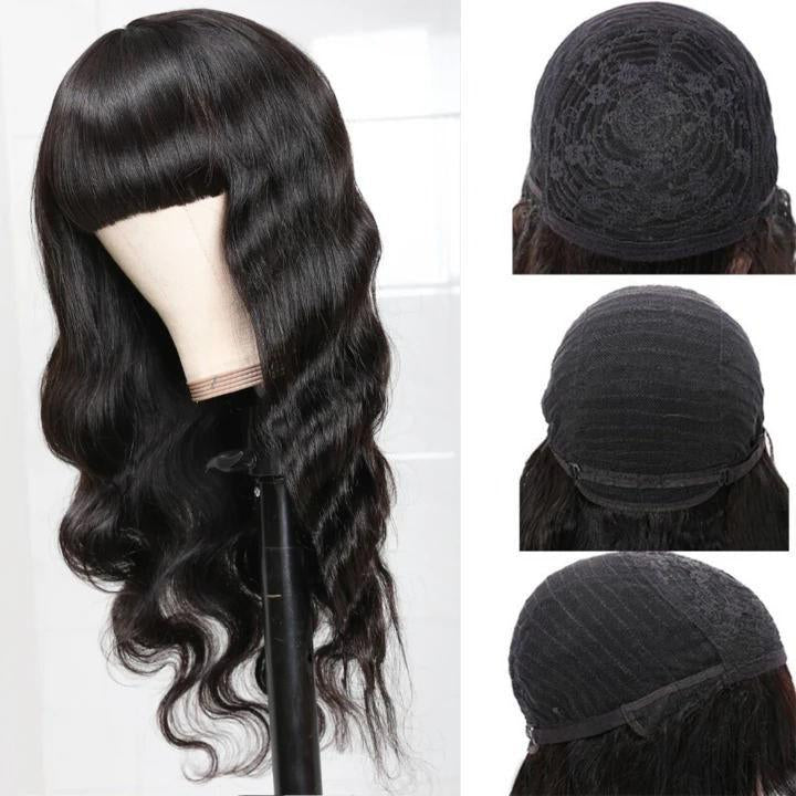 Glue Free Body Wave Human Hair Wig With Free Part Bangs Machine Made Glueless Breathable Wig Super Affordable