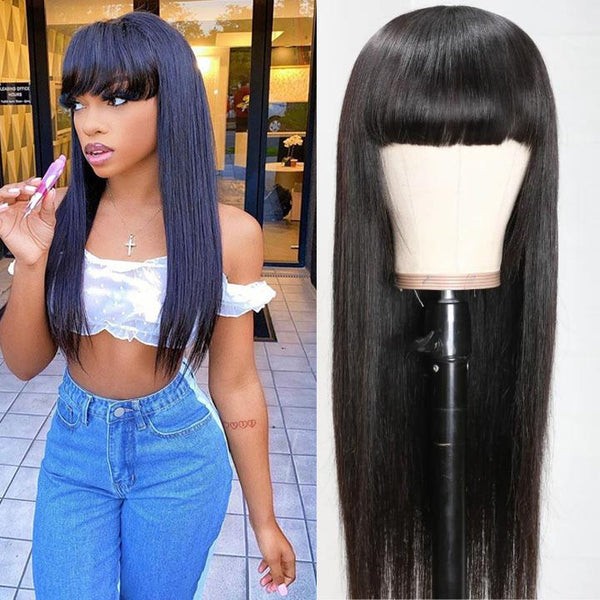 Glue Free Straight Human Hair Wig With Free Part Bangs Machine Made Glueless Breathable Wig Super Affordable