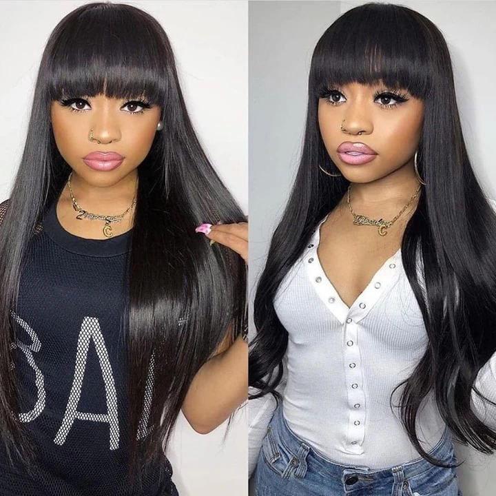 Glue Free Straight Human Hair Wig With Free Part Bangs Machine Made Glueless Breathable Wig Super Affordable