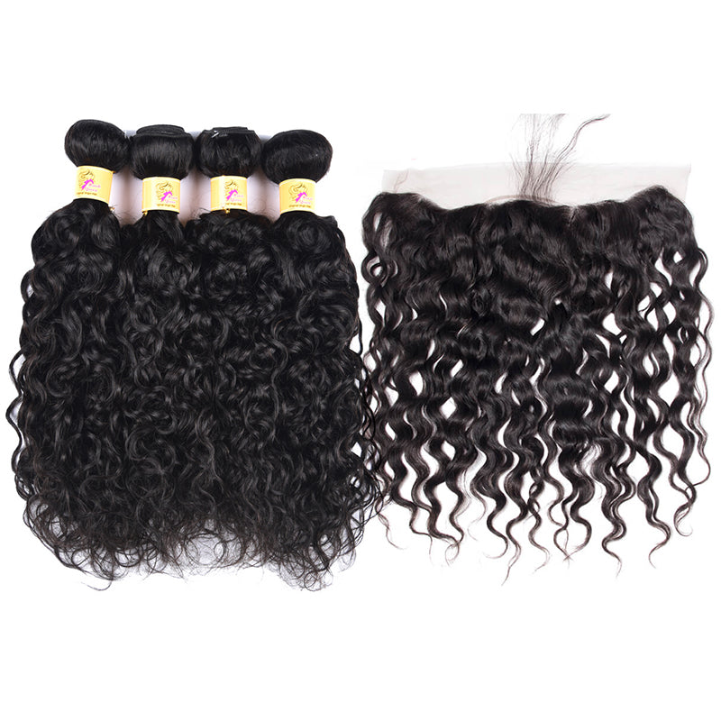 MarchQueen Lace Frontal Closure With Bundles 4pcs Peruvian Water Wave Weave With Frontal