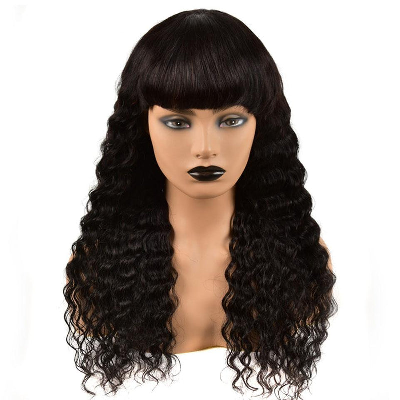 Glue Free Deep Wave Human Hair Curly Wig With Bangs Machine Made Glueless Breathable Wig Super Affordable