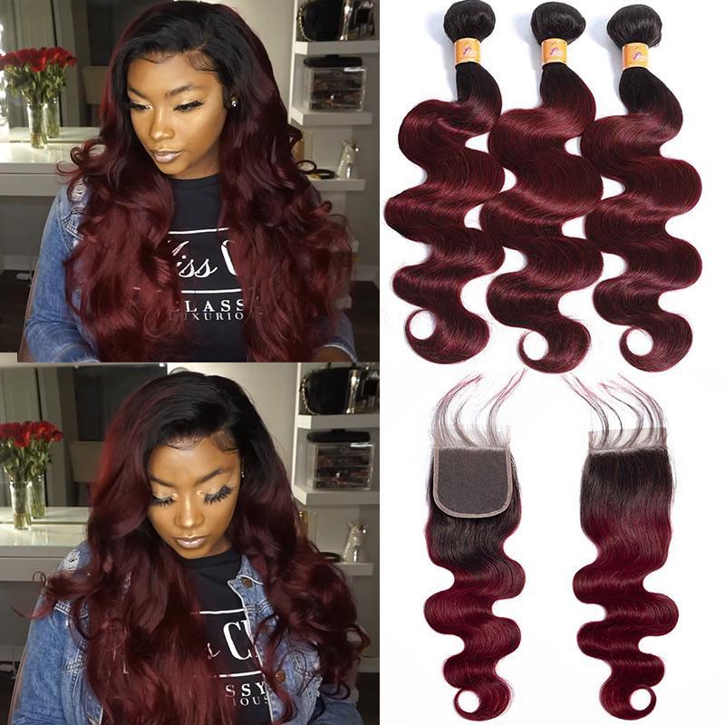 MarchQueen 1b/99j Cheap Brazilian Hair 3 Bundles With Closure Ombre Red Burgundy Body Wave Hair Weaves