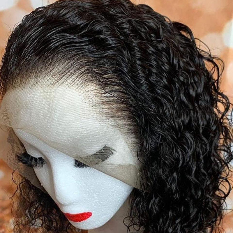 MarchQueen Deep Wave Curly Lace Front Wig Short Bob Human Hair Wig, Pre Plucked,Natural Look
