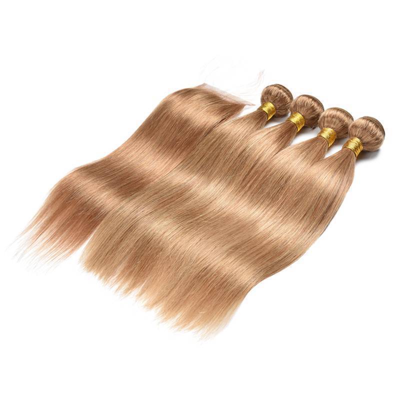 MarchQueen 27# Honey Blonde Human Hair Weave 3 Bundles Straight Hair With Closure