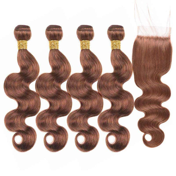 MarchQueen 30# Medium Brown Bundles Human Hair Body Wave 4 Bundles With Closure