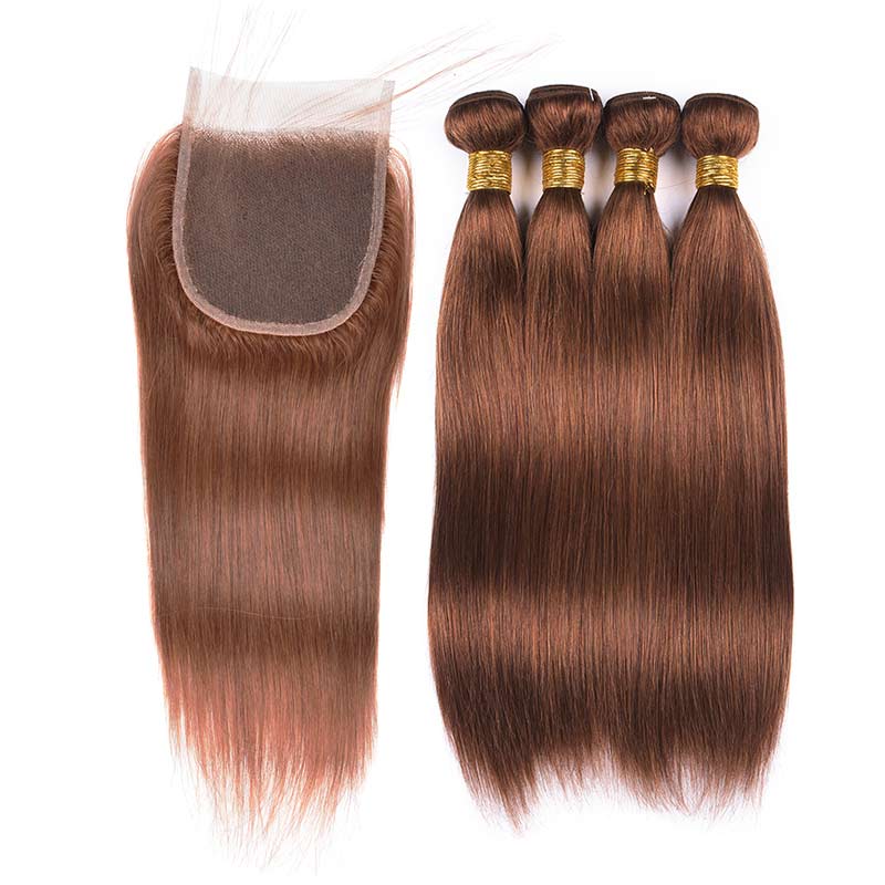 MarchQueen #30 Medium Brown Human Hair Weave 4 Bundles Straight Hair With Closure