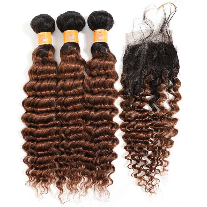 MarchQueen Brazilian Human Hair Weave T1b/30 Ombre Hair Deep Wave Hair 3 Bundles With Lace Closure On Sale