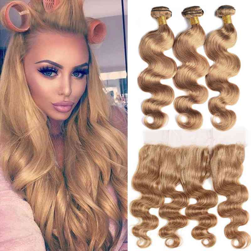 MarchQueen 27# Honey Blonde Human Hair Body Wave 3 Bundles With Pre Plucked 13x4 Lace Frontal