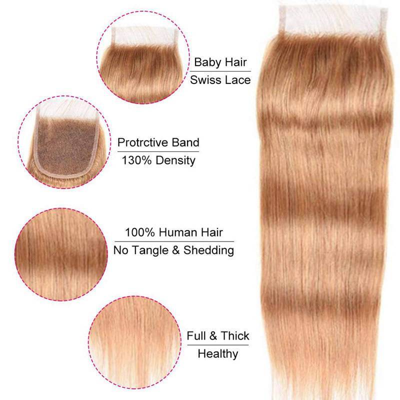MarchQueen #27 Honey Blonde Human Hair Weave 4 Bundles Straight Hair With Closure