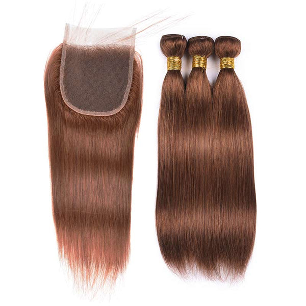 MarchQueen Human Hair Weave 30# Medium Brown Straight Hair 3 Bundles With Closure