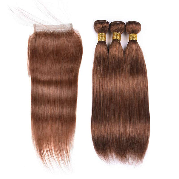 MarchQueen Human Hair Weave 30# Medium Brown Straight Hair 3 Bundles With Closure