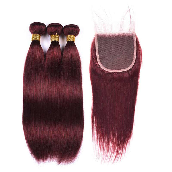 MarchQueen 99j Hair Color Weave Straight Human Hair 3 Bundles With Lace Closure