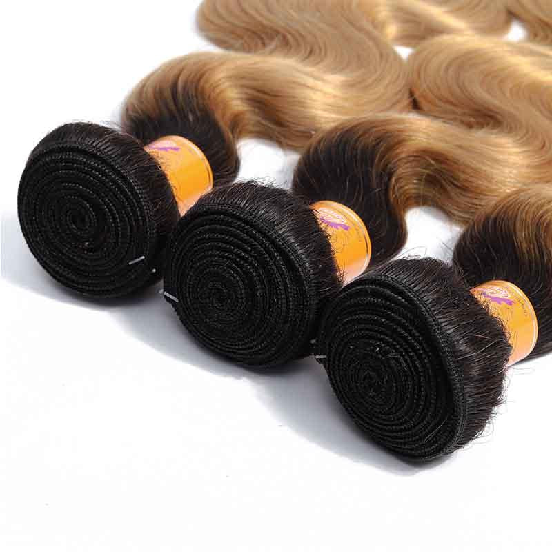 Marchqueen Brazilian Hair 3 Bundles Of 1b/27 Body Wave Human Hair Weaves With Middle Part Closure Online