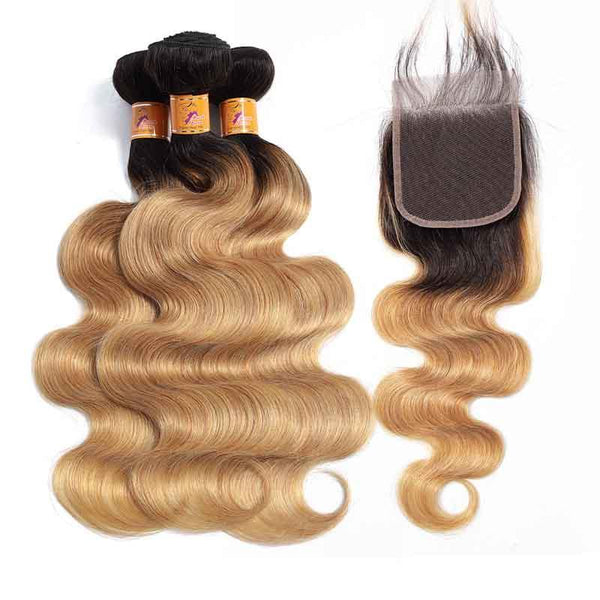 Marchqueen Brazilian Hair 3 Bundles Of 1b/27 Body Wave Human Hair Weaves With Middle Part Closure Online