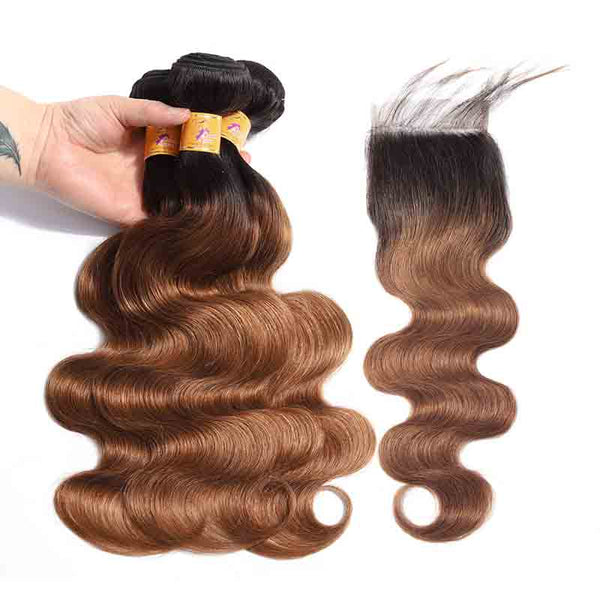 MarchQueen Ombre Human Hair T1b/30 Black To Brown Weave  Brazilian Body Wave Hair 3 Bundles With Closure
