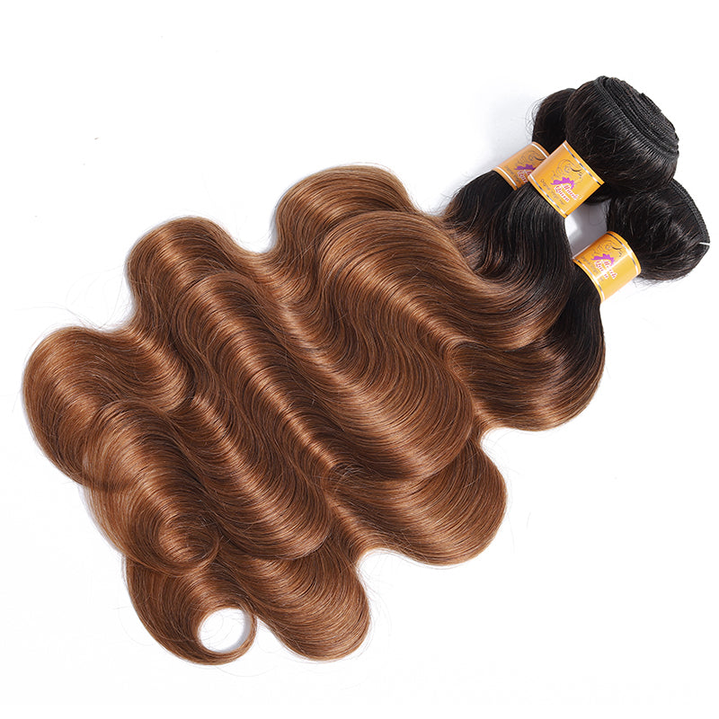 MarchQueen Ombre Human Hair T1b/30 Black To Brown Weave  Brazilian Body Wave Hair 3 Bundles With Closure