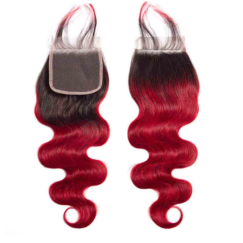 Marchqueen Malaysian Body Wave Hair T1b/Bug Ombre Red 3 Bundles Hair Weave With Lace Closure Free Part