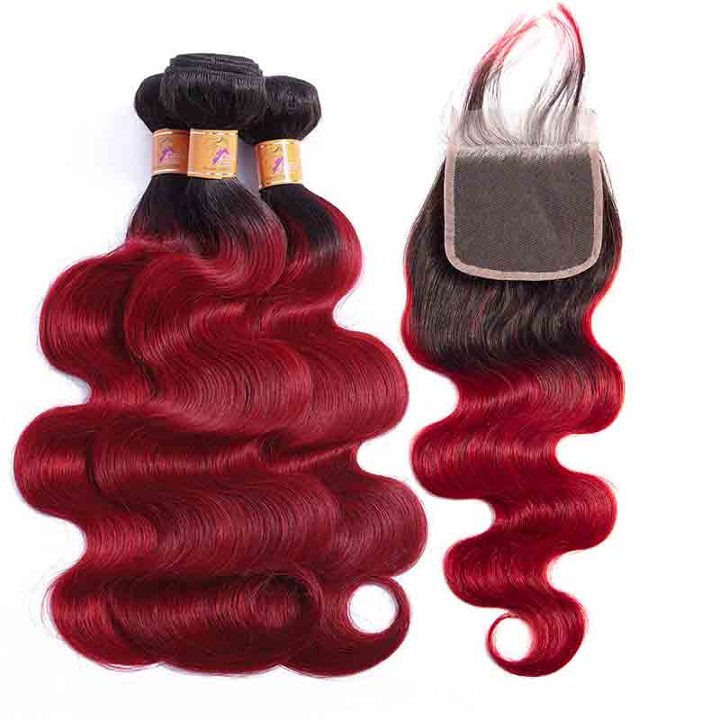 Marchqueen Malaysian Body Wave Hair T1b/Bug Ombre Red 3 Bundles Hair Weave With Lace Closure Free Part