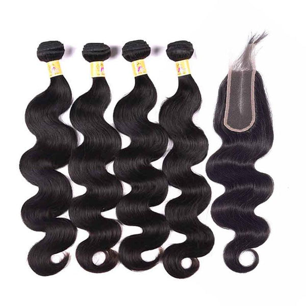 MarchQueen Brazilian Remy Human Hair Body Wave Hair 4 Bundles With 2x6 Lace Closure 1b#