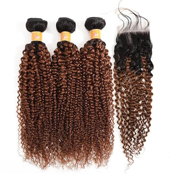 MarchQueen Brazilian Virgin Human Hair 1b/30 Curly Hair 3 Bundles With Closure 4x4