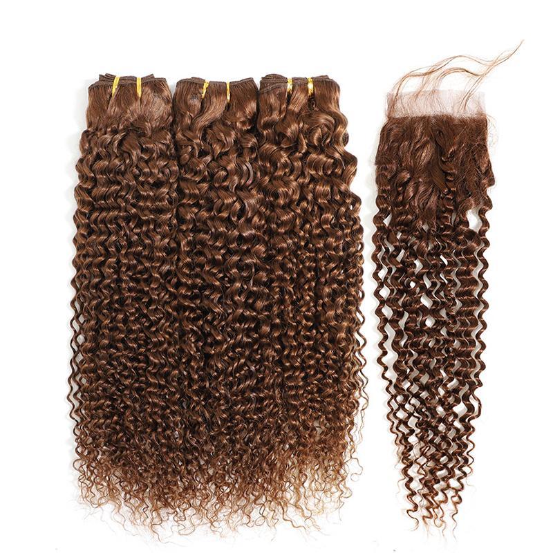 MarchQueen Indian Remy Hair Virgin Human Hair Curly 3 Bundles With Closure 4x4 Curly Hair Extensions 4#