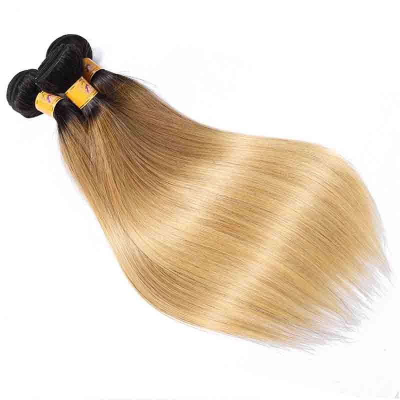 Marchqueen 3 Bundles Of 1b/27 Ombre Blonde Hair Brazilian Straight Weave With Lace Closure Free Parting