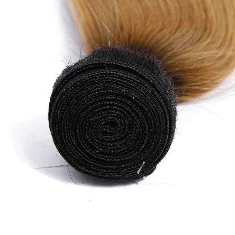 Marchqueen 3 Bundles Of 1b/27 Ombre Blonde Hair Brazilian Straight Weave With Lace Closure Free Parting