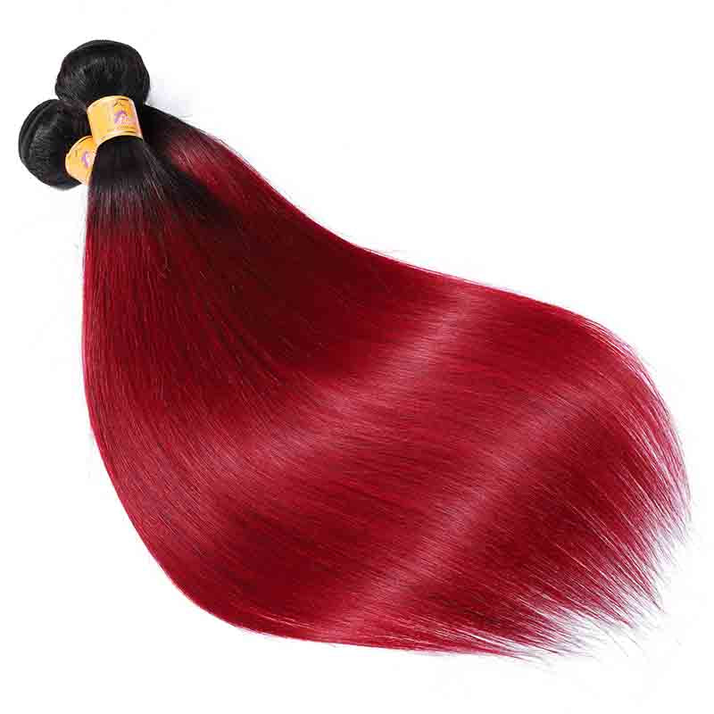 MarchQueen Pre-Colored 1b/Bug 4 Bundles Of Brazilian Straight Hair With Closure Burgundy Ombre Weave Hair