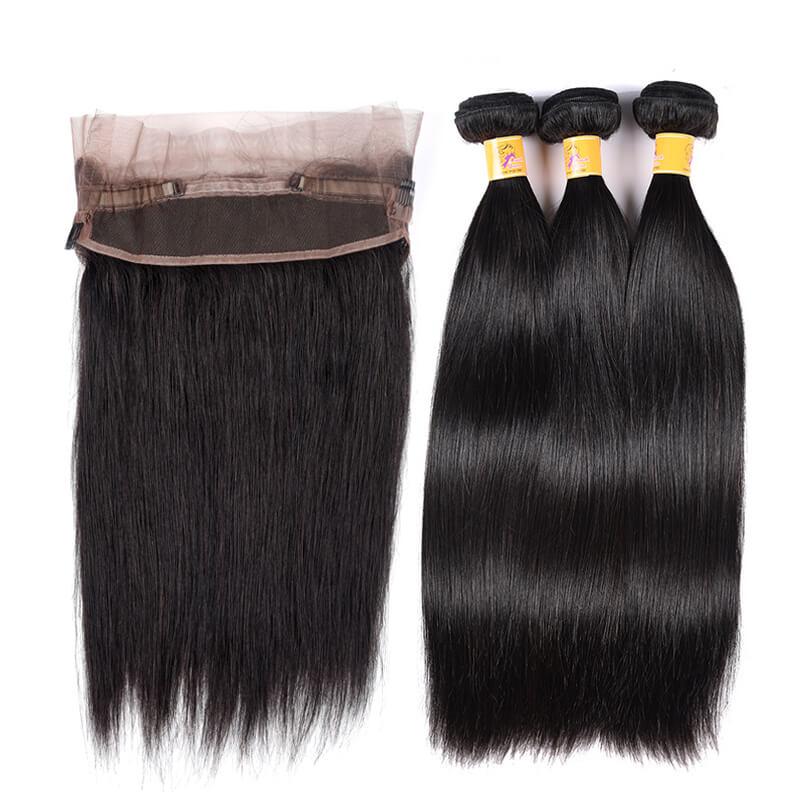 MarchQueen Pre Plucked 360 Frontal With 3 Bundles Of Brazilian Straight Hair 1b#