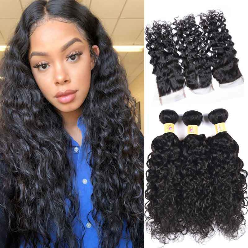 MarchQueen 3 Bundles Peruvian Water Wave Human Virgin Hair With Lace Closure Color 1b