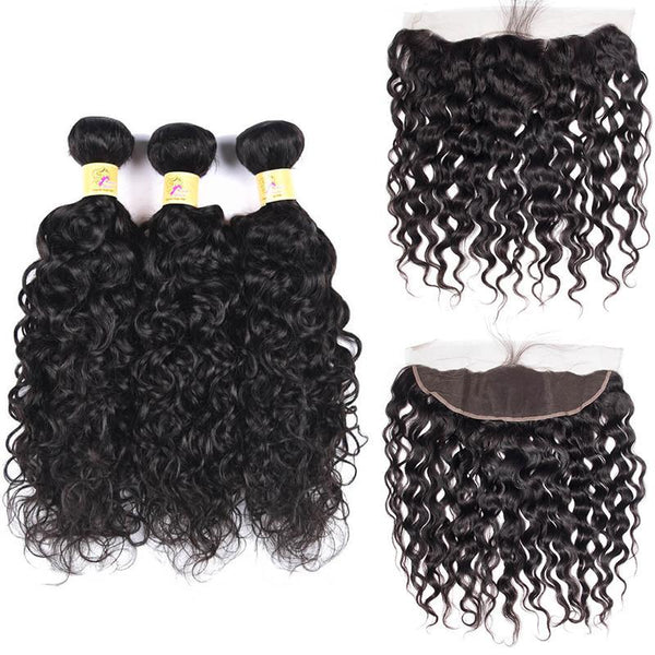 MarchQueen Brazilian Water Wave Hair 13x4 Lace Frontal Closure With 3 Bundles 1b