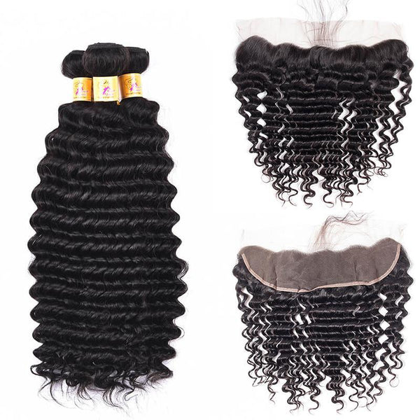 MarchQueen Brazilian Deep Wave Hair 13x4 Lace Frontal Closure With 3 Bundles 1b#