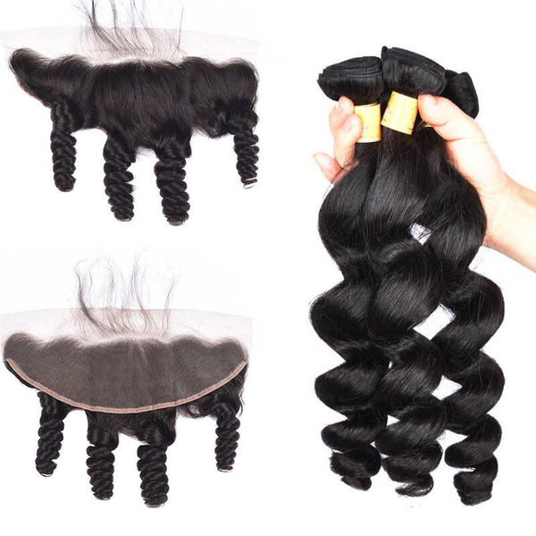 MarchQueen Brazilian Loose Wave Hair 13x4 Lace Frontal Closure With 3 Bundles 1b