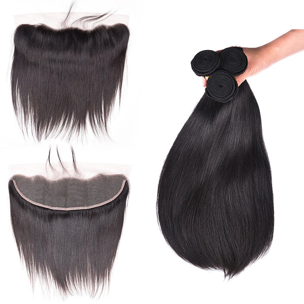MarchQueen Peruvian Virgin Hair Straight Weave 3 Bundles With Lace Frontal 1b#
