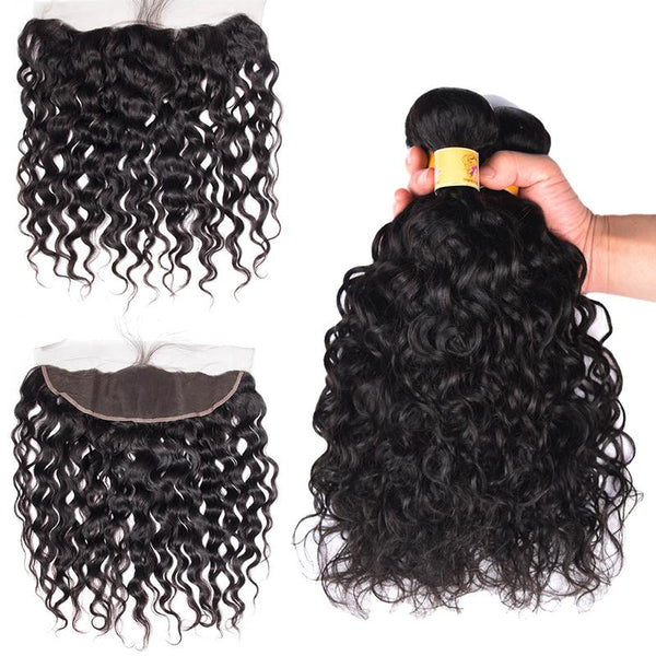 MarchQueen Peruvian Virgin Hair Water Wave 3 Bundles With Lace Frontal Closure