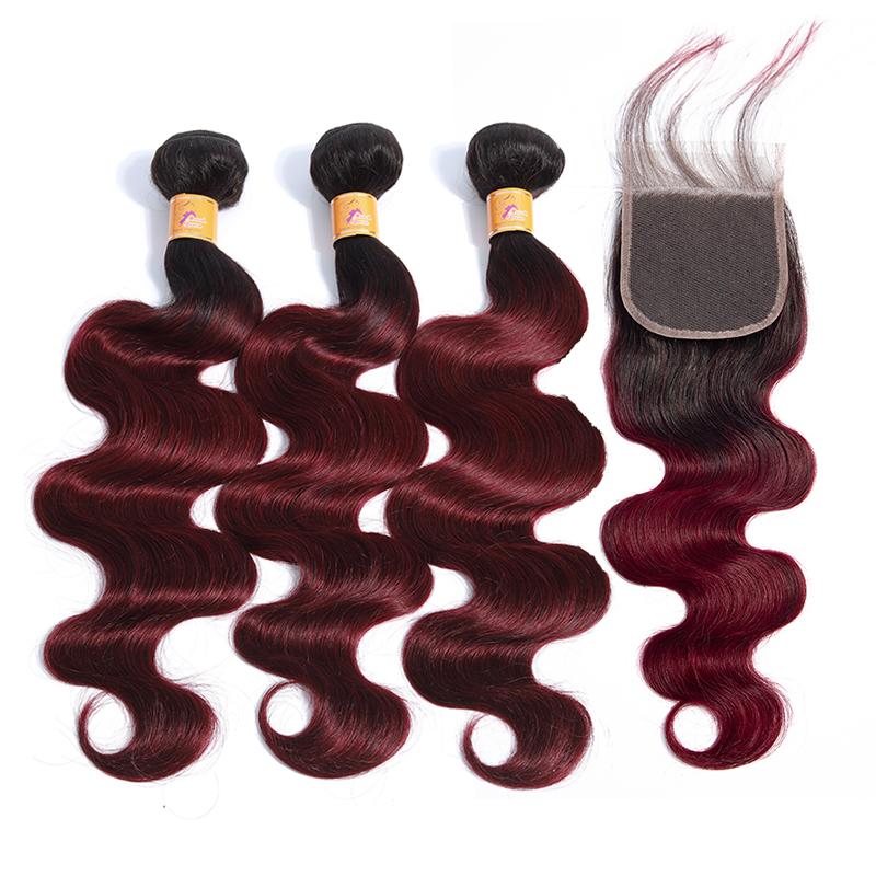 MarchQueen 1b/99j Cheap Brazilian Hair 3 Bundles With Closure Ombre Red Burgundy Body Wave Hair Weaves