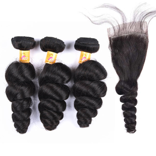 MarchQueen Malaysian Loose Wave Hair 3 Bundles With Lace Closures Human Hair 1b#