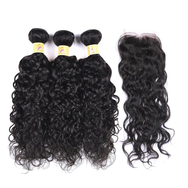 MarchQueen 3 Bundles Peruvian Water Wave Human Virgin Hair With Lace Closure Color 1b