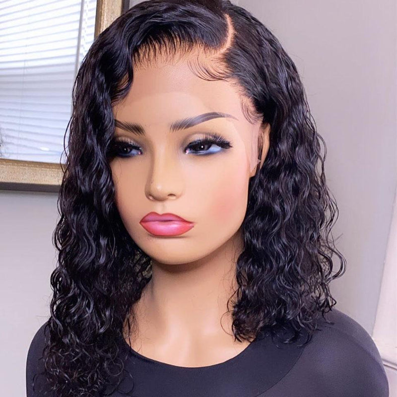 MarchQueen Water Wave Curly Lace Front Wig Short Bob Human Hair Wig, Pre Plucked,Natural Look