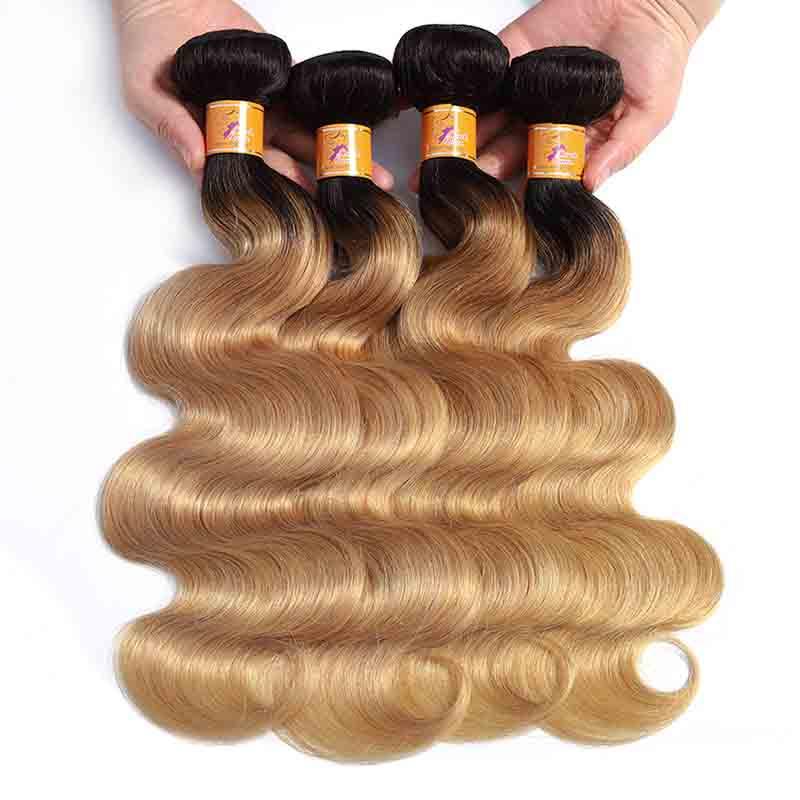 MarchQueen Brazilian Human Hair 1b/27 Ombre Blonde 4 Bundles With Closure In Natural Body Wave Remy Hair