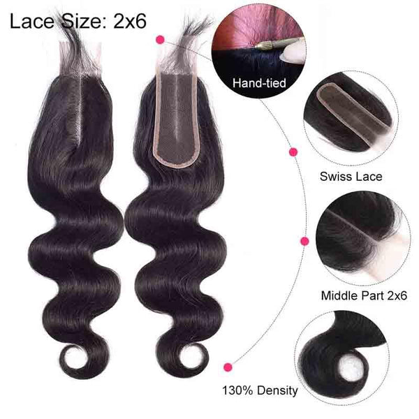 MarchQueen Brazilian Remy Human Hair Body Wave Hair 4 Bundles With 2x6 Lace Closure 1b#